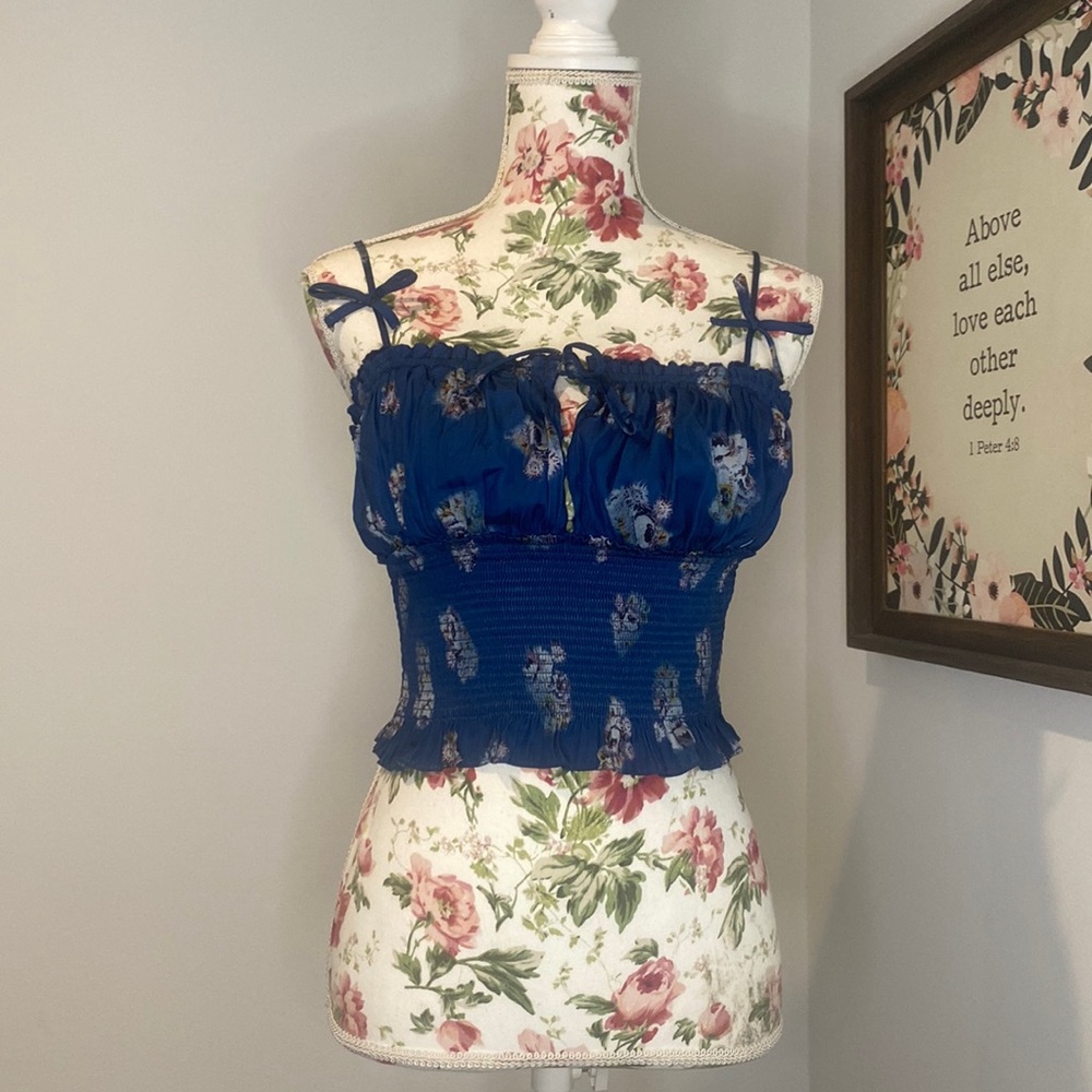 Free People Blue Floral Lace Crop Tank Top
